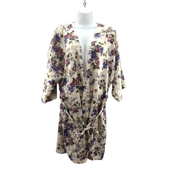 Vintage California Miss Robe Women Large Floral‎ Ivory Silky Damask Kimono - Picture 1 of 11